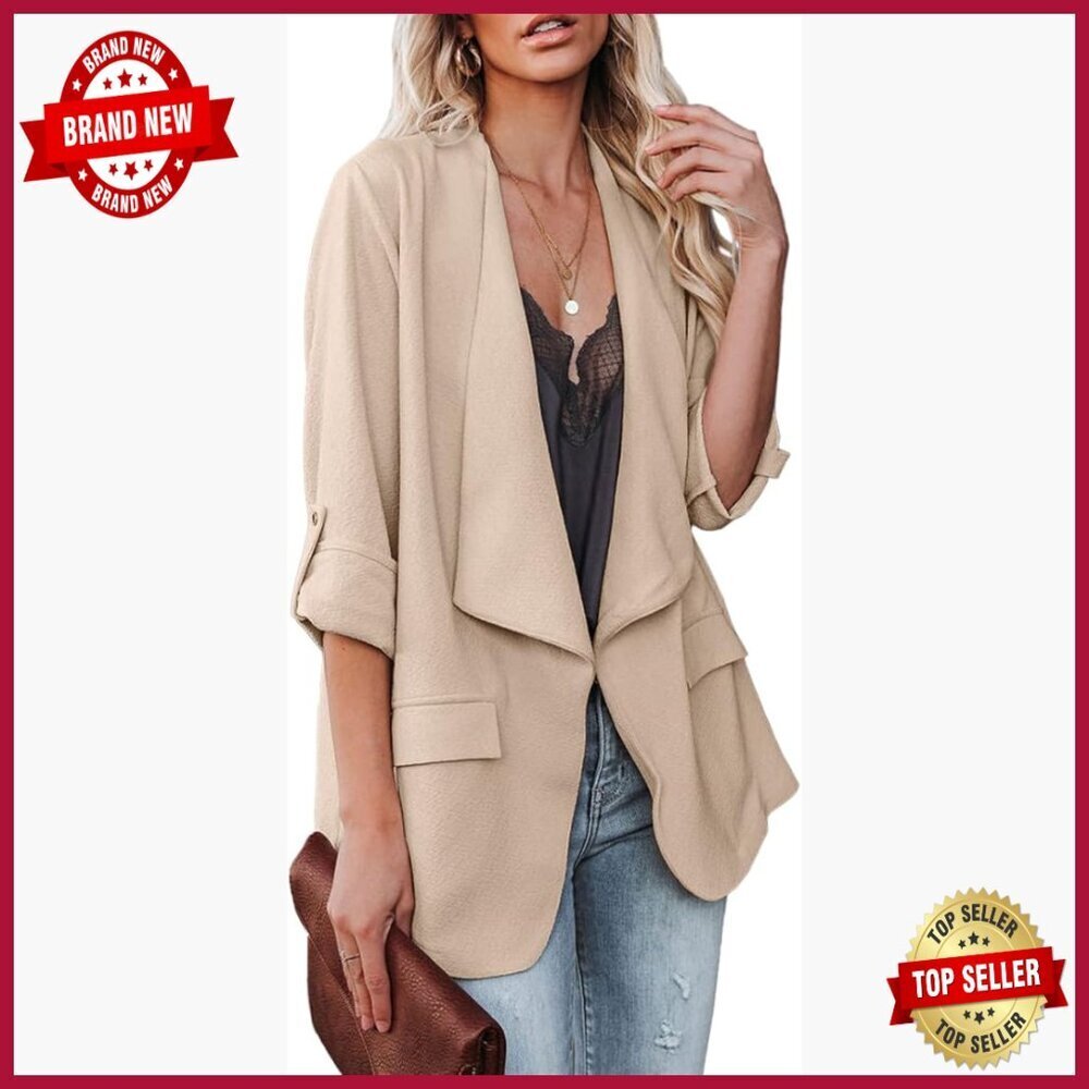 Women's Casual Blazer Jacket Roll Up Sleeves Open Front Work Office